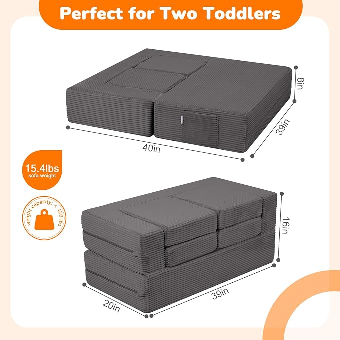 MeMoreCool Modular Kids Couch, Corduroy Play Toddler Couch for Bedroom Playroom Furniture, Convertible Foam Kids Sofa Bed, Fold Out Baby Sofa for Girl Boy, Dark Grey
