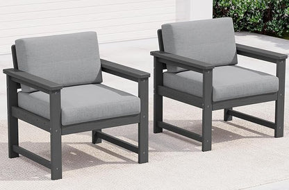 SERWALL 2 Pieces Single Cushioned Sofa Armchair, Grey HDPE Adirondack Outdoor Sofa Lounge with Grey Cushion