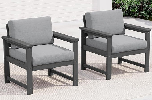 SERWALL 2 Pieces Single Cushioned Sofa Armchair, Grey HDPE Adirondack Outdoor Sofa Lounge with Grey Cushion