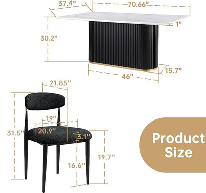 Morden Fort Modern Dining Table Set for 4, 70" Kitchen Table with Marble Rectangle Top and Black Fluted Base, 4 Boucle Upholstered Chairs for Dining Room, Restaurant and Reception