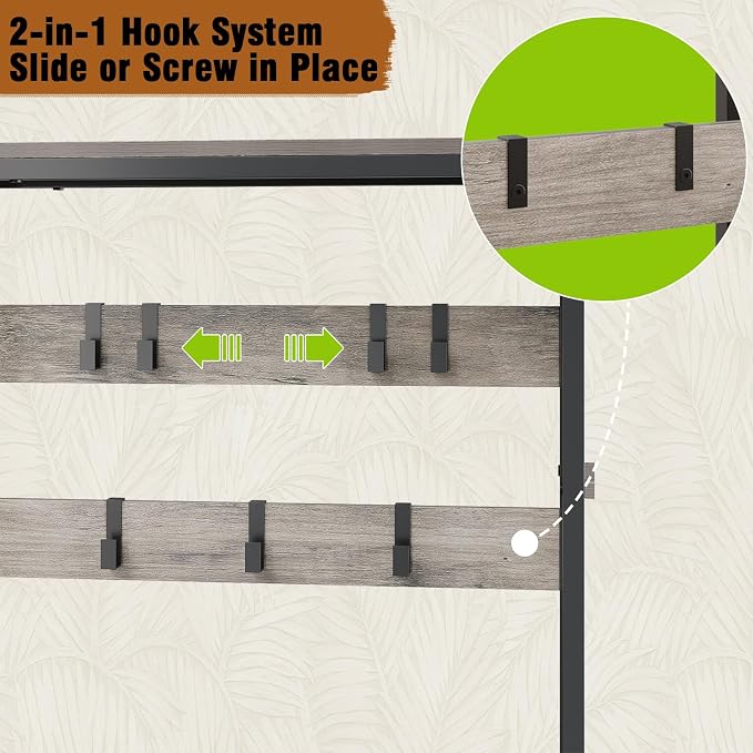 Espelism Hall Tree with Shoe Storage Bench Coat Rack with 7 Hooks Interchangeable 4 Tier Side Storage Shelves Small Cute Side Bench Industrial 5-in-1 Entryway Coat Rack for Hallway Mudroom Bedroom