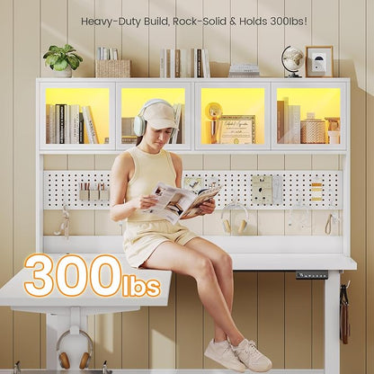 SEDETA 67" Standing L Shaped Gaming Desk, Office Computer Desk with Storage Hutch, Stand Up Corner Desk with Pegboard & Led Lights for Home Office, White