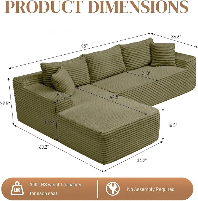 95" L Shaped Cloud Boneless Sectional Couches for Living Room, Modern Comfy Modular Deep Seat Memory Foam Compressed Corduroy Sofa Oversized Left Facing Chaise, No Assembly Required, Green