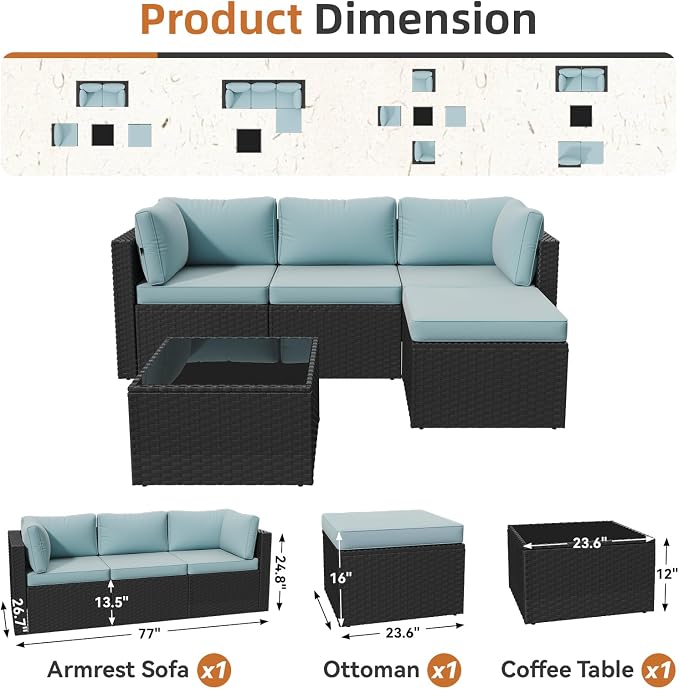 Aoxun Patio Furniture Set 5-Piece, Outdoor Sectional Sofas with Washable Cushion, Wicker Rattan Patio Conversation Sets for Backyard Porch and Poolside, Mint Blue