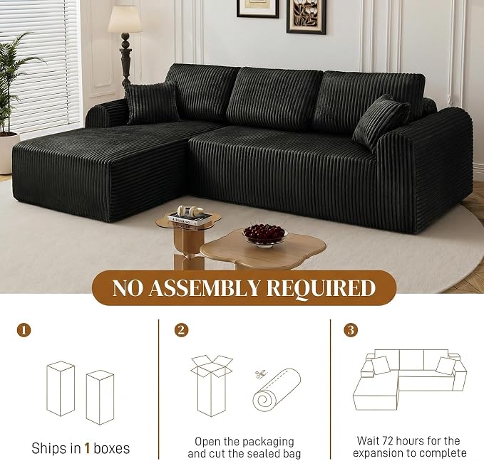 110" L Shaped Boneless Sectional Couches for Living Room, Comfy Corduroy Floor Cloud Sofa with Chaise, Wide Armrest, Deep Seat, Memory Foam, Assembly Free, Ideal for Small Spaces, Black