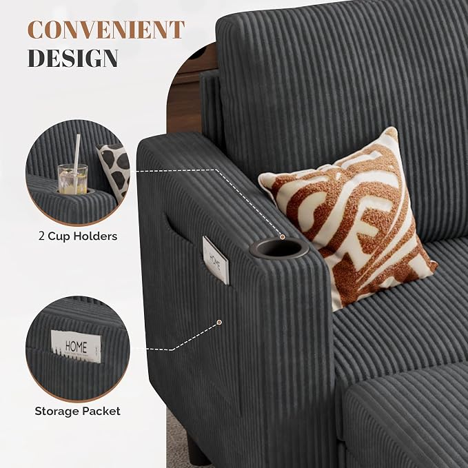 Luxanimarion Upholstered Sectional Sofa and Couches, 78'' L Shaped 3-seat Sofa forLiving Room, Apartment,Lounge,Bedroom-Washable Covers Convertible Sofas(Corduroy Fabric,Dark Gary)