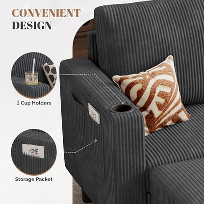 Luxanimarion Upholstered Sectional Sofa and Couches, 78'' L Shaped 3-seat Sofa forLiving Room, Apartment,Lounge,Bedroom-Washable Covers Convertible Sofas(Corduroy Fabric,Dark Gary)