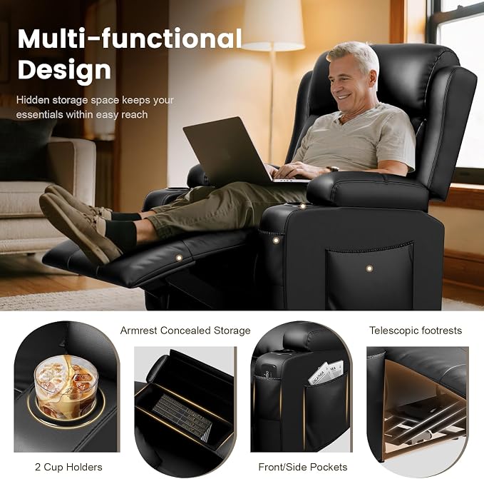 Recliner Sofa Set, Home Theater Seating with Massage, Loveseat Recliner Couch and Recliner Single Chair with USB, Wall Hugger Reclining Movie Theater Chair with Cup Holders, Drawer for Gaming Room