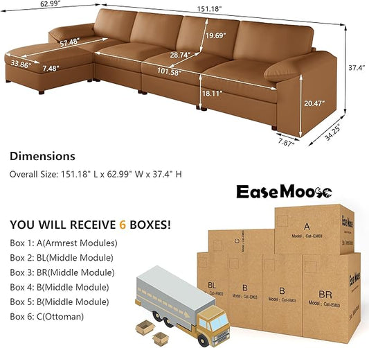EASE MOOSE Leather Sectional Sofa,Modern Deep Seat Faux Leather Sectional,Extra Large L Shaped Couch,Oversized Modular Sofa,Comfy Scratch Resistant Material，Brown