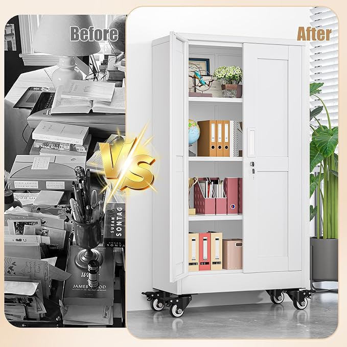 47" H Metal Pantry Storage Cabinet with Wheels,Rolling Kitchen Pantry Cabinet with 2 Doors and 3 Adjustable Shelves, Locker Steel Cabinet,Organization Cabinet for Garage,Home,Gym,School,White