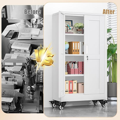 47" H Metal Pantry Storage Cabinet with Wheels,Rolling Kitchen Pantry Cabinet with 2 Doors and 3 Adjustable Shelves, Locker Steel Cabinet,Organization Cabinet for Garage,Home,Gym,School,White