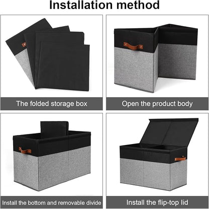 Gowee Large Toy Storage Box with Lid, Sturdy Toys Storage Chest Bin Organizer Basket with Dividers for Kids, Boys, Girls, Nursery, Closet, Bedroom, Playroom 25"x13" x16" (Black and Grey)