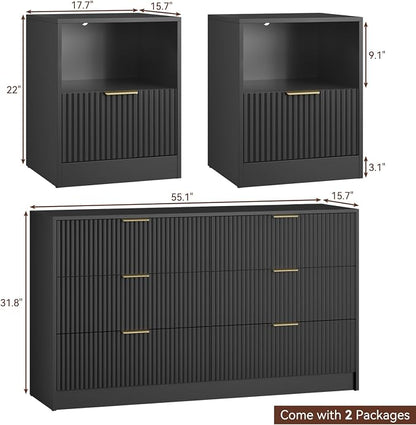 6 Drawer Dresser & Nightstand Set 3-Piece, 55” Wide Bedroom Set Night Stand Set of 2 with Metal Handle, Fluted Modern Wood Chest of Drawers Storage Dressers Set for Bedroom, Black