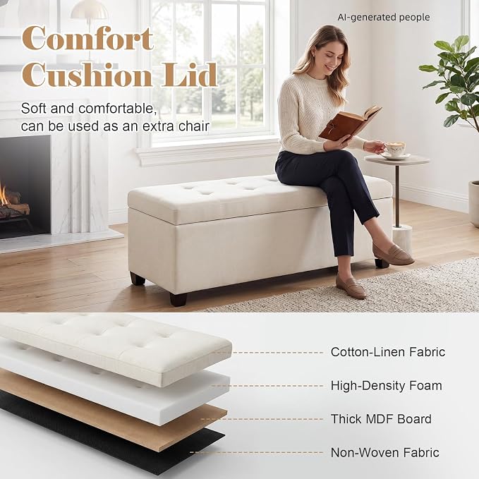 Asense 42" Storage Ottoman Bench, Large Linen Upholstered Rectangular Footstool with Safety Hinges, End of Bed Bench for Bedroom, Entryway Bench with Storage, Window Seat, Beige