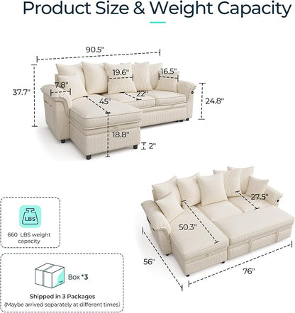 LINSY HOME 90.5'' Sectional Sleeper Sofa with Pull Out Couch Bed Modular (Beige, 90.5'') | USB Charging