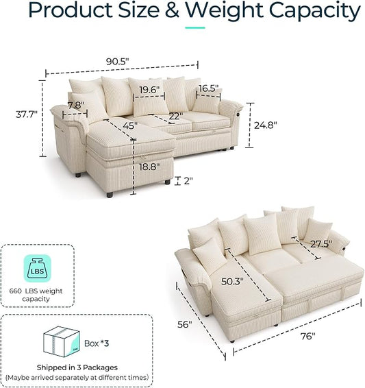 LINSY HOME 90.5'' Sectional Sleeper Sofa with Pull Out Couch Bed Modular (Beige, 90.5'') | USB Charging