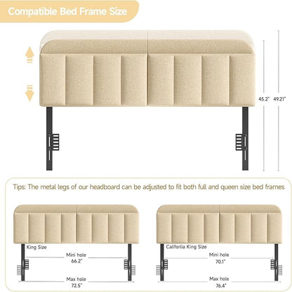 Adjustable Headboard for King/California King Size Bed Frame, Linen Fabric Bed Headboard with Storage & RGB LED Light in Modern Vertical Channel Design, Beige