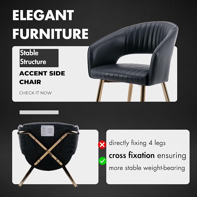 Hyfirm Dining Chairs Set of 2, Black Side Chairs with Hollow Back, PU Leather Upholstered Accent Chairs with Gold Metal Legs, Modern Kitchen Chairs for Living Room Restaurant