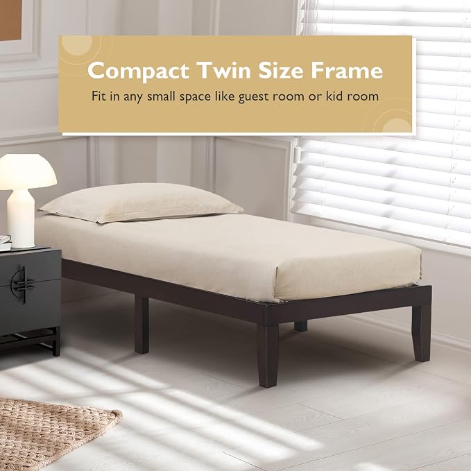 COSTWAY Twin Size Platform Bed Frame, 14 Inches Solid Rubber Wood Bed Mattress Foundation with Sturdy Slats Support, Easy Assembly Bed Frame for Home Hotel, No Box Spring Needed (Espresso, Twin)