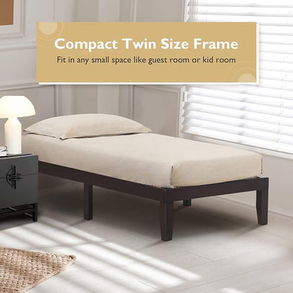 COSTWAY Twin Size Platform Bed Frame, 14 Inches Solid Rubber Wood Bed Mattress Foundation with Sturdy Slats Support, Easy Assembly Bed Frame for Home Hotel, No Box Spring Needed (Espresso, Twin)