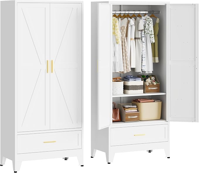 71" H Armoire Wardrobe Closet with 1 Drawer, Metal Wardrobe Closet with Doors and Adjustable Shelves, Wardrobe Cabinet with Hanging Rod, Closets for Bedroom, Laundry Room, White