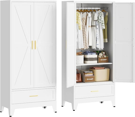 71" H Armoire Wardrobe Closet with 1 Drawer, Metal Wardrobe Closet with Doors and Adjustable Shelves, Wardrobe Cabinet with Hanging Rod, Closets for Bedroom, Laundry Room, White