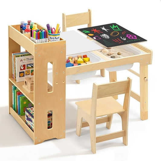 WINGYZ 6 in 1 Kids Art Table and Chairs, Sensory Table and 2 Chairs Height Adjustable, Graffiti Tabletop Toddler Activity Table with Storage Cabinet & Bins, Kids Art Desk with Paper Roll Ages 2-8 Gift