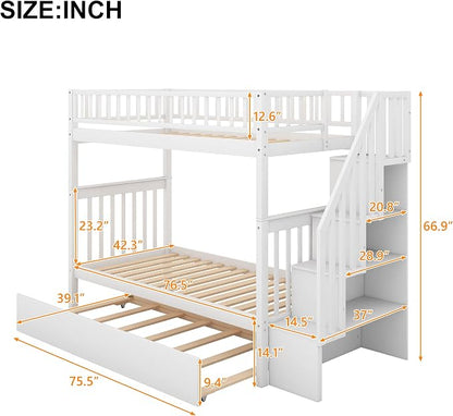 Solid Wood Twin Over Twin Bunk Bed with Trundle, Staircase, 4 Storage Shelves and Guard Rail, Can be Split Into 3 Separate Beds, No Box Spring Needed (White+3 Bed)