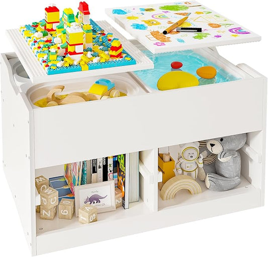 Easyego Kid Sensory Table with Storage - Activity Table with Building Block Boards & Foldable Storage Bins, Birthday Gifts for Boys and Girls - White