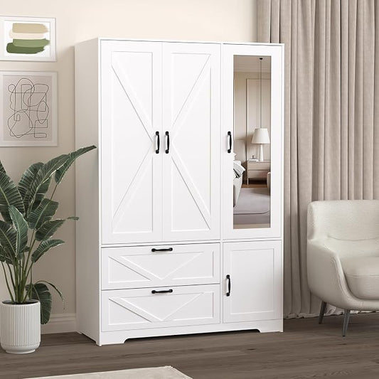 Armoire Wardrobe Closet with 3 Door, Bedroom Armoire with Mirror, LED Light, Hanging Rod, Drawers,Adjustable Shelves,Large Capacity Closet for Bedroom,47.2L,White