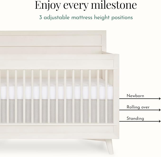 Evolur Loft Antilia 4-in-1 Convertible Full-Size Baby Crib in Vanilla Bean, GreenGuard Gold & BSA, Converts to Toddler, Day & Full-Size Bed, 3 Mattress Heights Modern Scandinavian Design