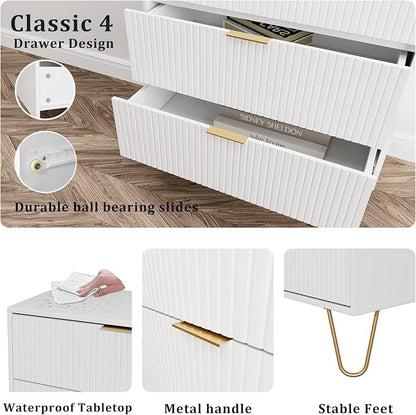 Masupu 4 Drawer Dresser, Drawer Chest, Tall Storage Chest Cabinet Organizer Unit with Metal Legs, Small Dresser for Bedroom, Living Room, Closet, Hallway White Stripe