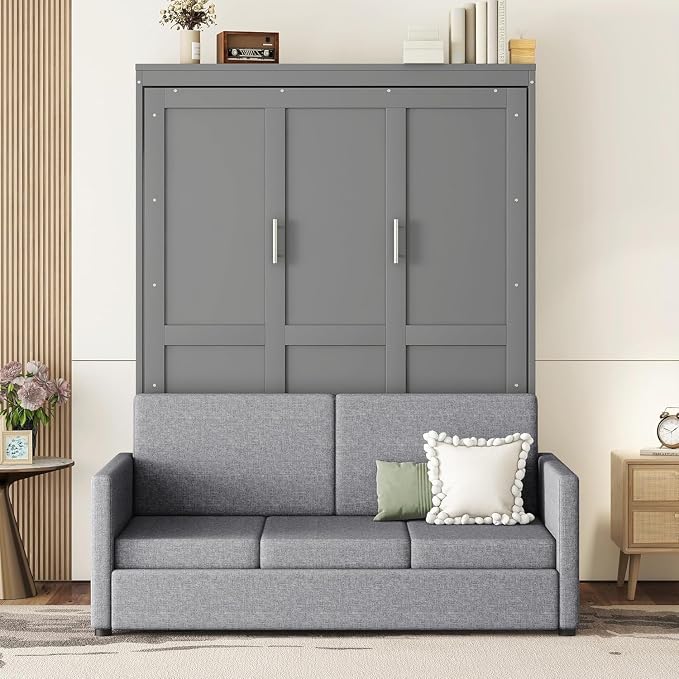 MERITLINE Queen Murphy Bed with Couch,Wood Murphy Bed Cabinet with Sofa,Folding Murphy Wall Bed Queen Size Grey Murphy Bed Cabinet