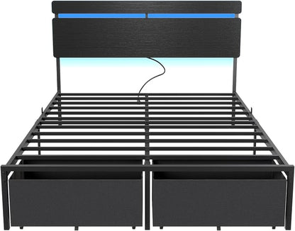 Forestell Queen Bed Frame with Wood Headboard, Black Platform Bed with 2 Storage Drawers & Shelf, Built-in Charging Station & LED Lights, Metal Support, No Box Spring Needed, Cama Queen Size