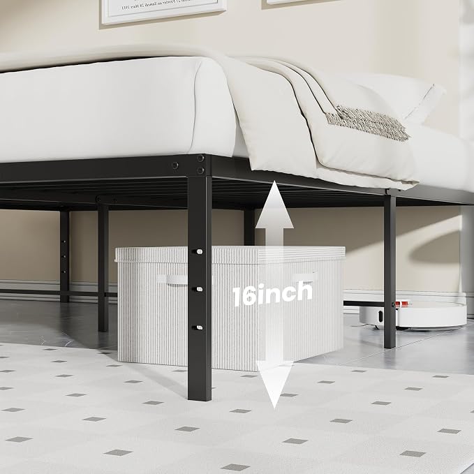 Sweetcrispy Full Size 16 Inch Platform Bed Frame, Heavy Duty Metal Foundation Frame, Noise-Free Sturdy Steel Slats, Underbed Storage, No Box Spring Needed, Quick Setup