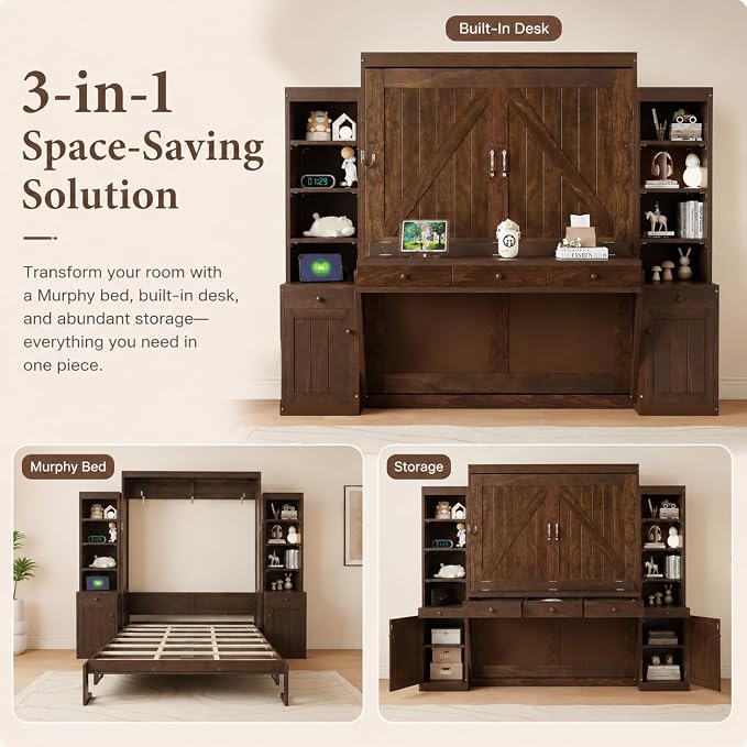 Queen Murphy Bed with Desk, Wall Bed Cabinet with Storage Shelves, Enclosed Cabinets and Hidden Foldout Workstation, Folding Cabinet Bed, Space Saving Bed for Guest Room, Home Office (Dark Brown)