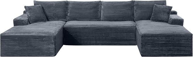 132" Oversized U-Shaped Cloud Sectional Couch Plush Corduroy Boneless Symmetrical Sofa, Front Facing Modular Compressed Boneless Sectional Sofa with Double Chaise Lounges