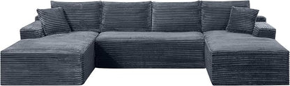 132" Oversized U-Shaped Cloud Sectional Couch Plush Corduroy Boneless Symmetrical Sofa, Front Facing Modular Compressed Boneless Sectional Sofa with Double Chaise Lounges