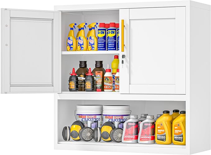 GAIOUS Metal Garage Wall Cabinet with Lock, Wall Mounted Steel Tool Cabinet | with Door and Shelf, Medicine Cabinet with Open Area, Hanging Cabinet for Garage Warehouse Bathroom Kitchen, White