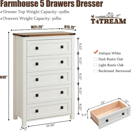 T4TREAM 48" Tall Farmhouse 5-Drawer Dresser for Bedroom, Antique White | Rustic chests of drawers, Wood Storage Cabinet, Metal Handle, Unique Corner Accent, Bedroom, Living Room, Hallway