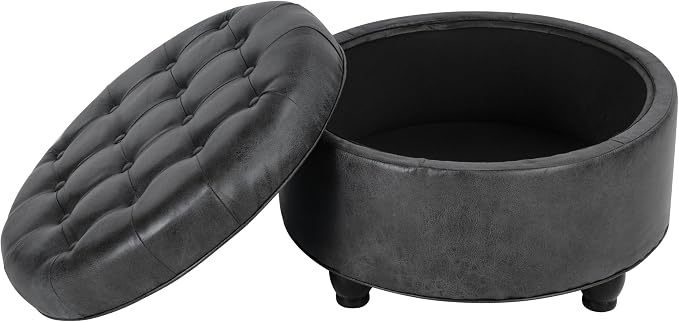 HomePop 25" Button Tufted Round Storage Ottoman - Gray Faux Leather