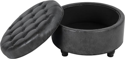 HomePop 25" Button Tufted Round Storage Ottoman - Gray Faux Leather