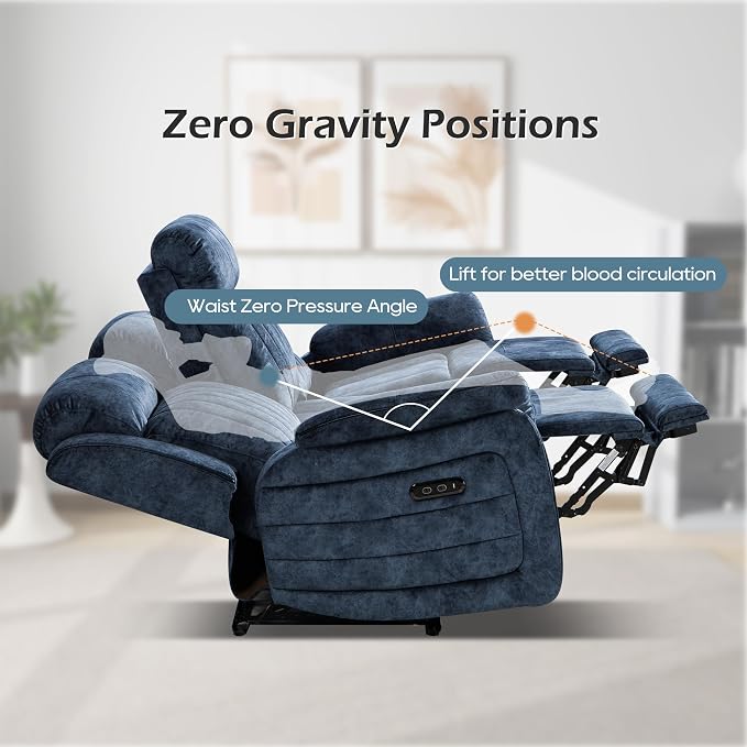Zero Gravity Power Reclining Sofa with Adjustable Headrest, Electric Reclining Couch with Wireless Charge, USB Ports, Power Loveseat Recliner Sofa for Living Room (Blue-Sofa)
