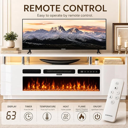 70" TV Stand for Living Room, Entertainment Center & Media Console with Storage, Fits TVs up to 80", Modern TV Cabinet with Shelves, 36" Electric Fireplace (All White)