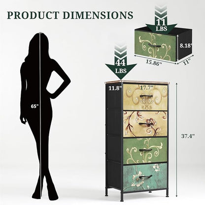 4 Drawers Dresser for Bedroom, Fabric Storage Tower Organizer with Wooden Top and Steel Frame, Tall Chest of Drawers for Closet, Entryway, Dorm, Floral Painted