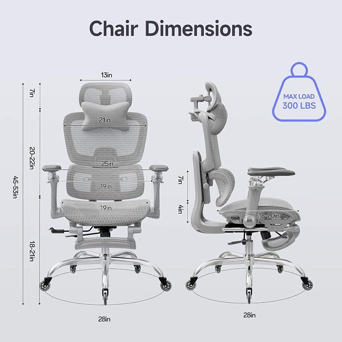 Office Chair with Footrest, Ergonomic Chair with 3D Headrest, Computer Chair with Adjustable Backrest & 6D Armrest, Gaming Chair with Adaptive Lumbar Support, Adjustable Seat Depth, Grey