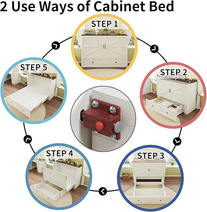 LUXOAK Murphy Bed with Charging Station, Queen Size Cabinet Bed with Large Storage Drawer for Home Office or Small Room, Hideaway Foldable Platform Bed, White