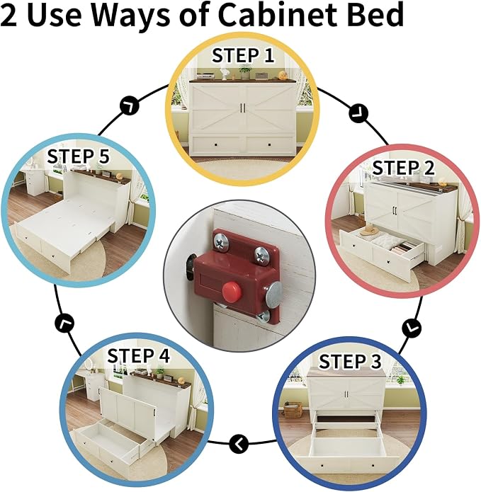 LUXOAK Queen Size Murphy Bed with Charging Station, Cabinet Bed with Large Storage Drawer for Home Office or Small Room, Hideaway Full Foldable Platform Bed, Barnwood+White