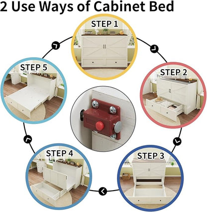 LUXOAK Queen Size Murphy Bed with Charging Station, Cabinet Bed with Large Storage Drawer for Home Office or Small Room, Hideaway Full Foldable Platform Bed, Barnwood+White