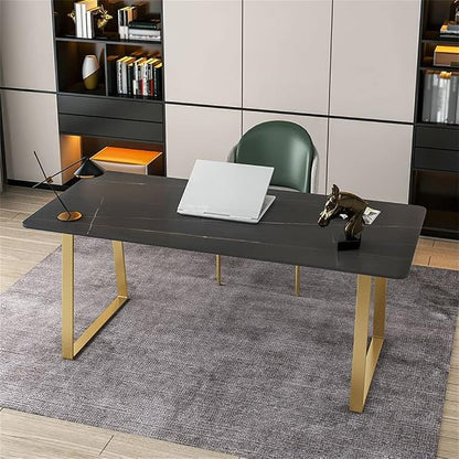 LAKIQ Modern Stone Writing Desk Home Office Working Table Desktop Computer Desk Home Writing Table-Table Only(Black-Gold,51.2" L x 27.6" W x 29.5" H)